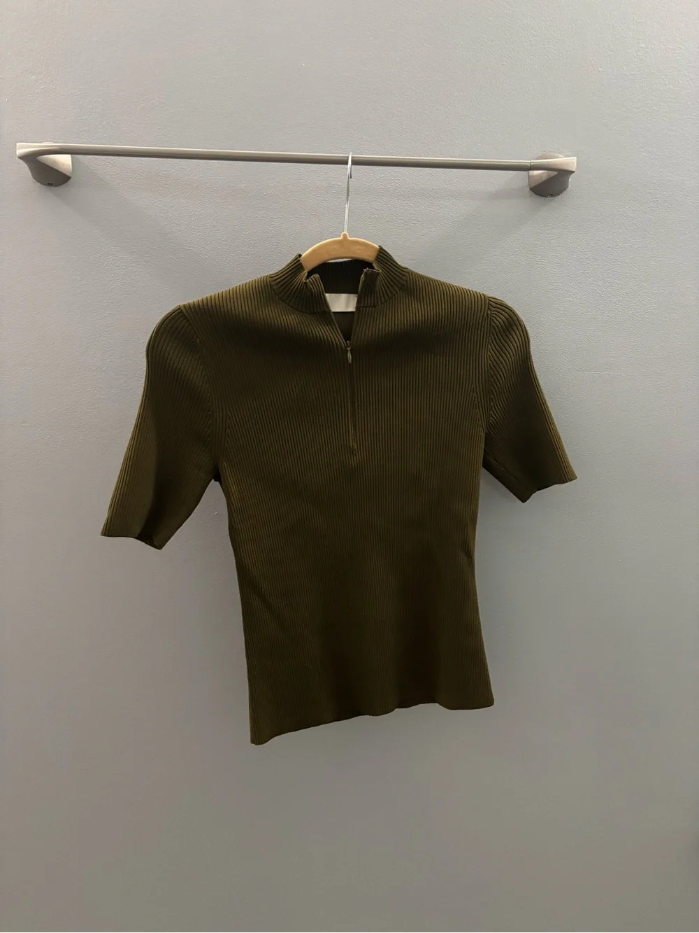 Tory Burch Half Zip Olive Green Short-Sleeve Ribbed Zip Mock-Neck Top